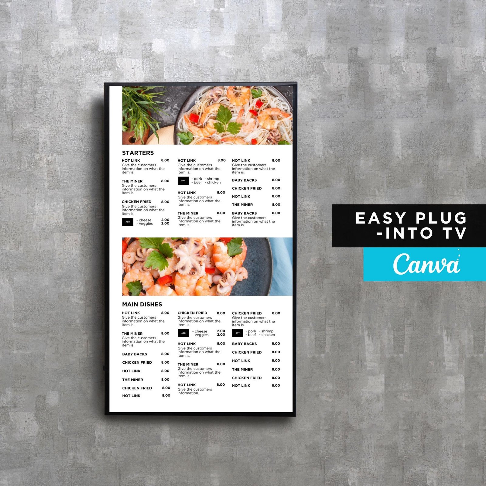 DIY Static TV Editable Digital Menu Board Screen Canva Template for Restaurant Pizza Burger Cafe Breakfast Drive Thru Food Truck Kitchen