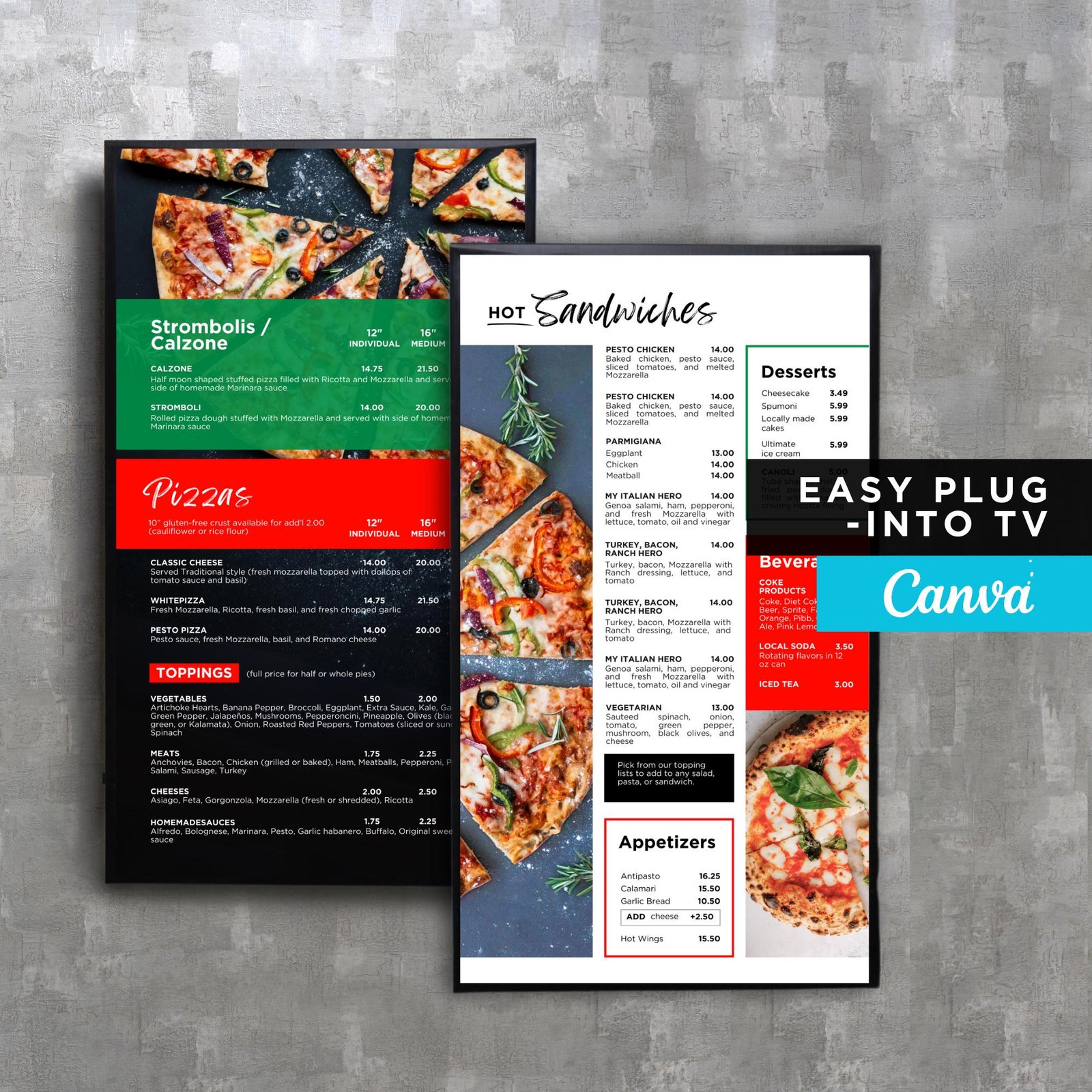 DIY Static TV Editable Digital Menu Board Screen Canva Template for Restaurant Sandwich Cafe Breakfast Drive Thru Food Truck Pizza Pasta