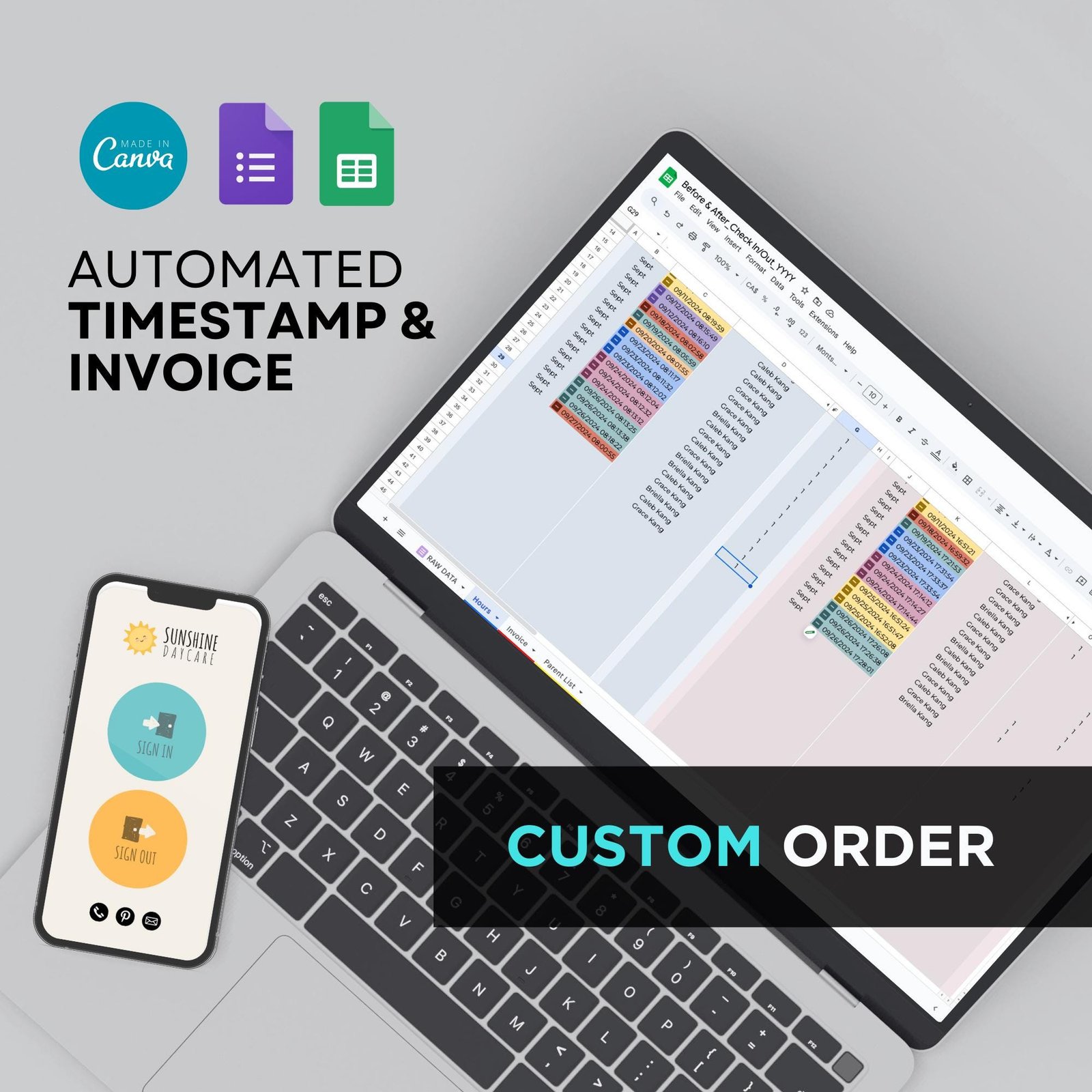 Child Care Sign In and Out Sheet Automated Billing Invoice, Google Forms Attendance Dayhome Daycare Check Log Behavior Development Tracker