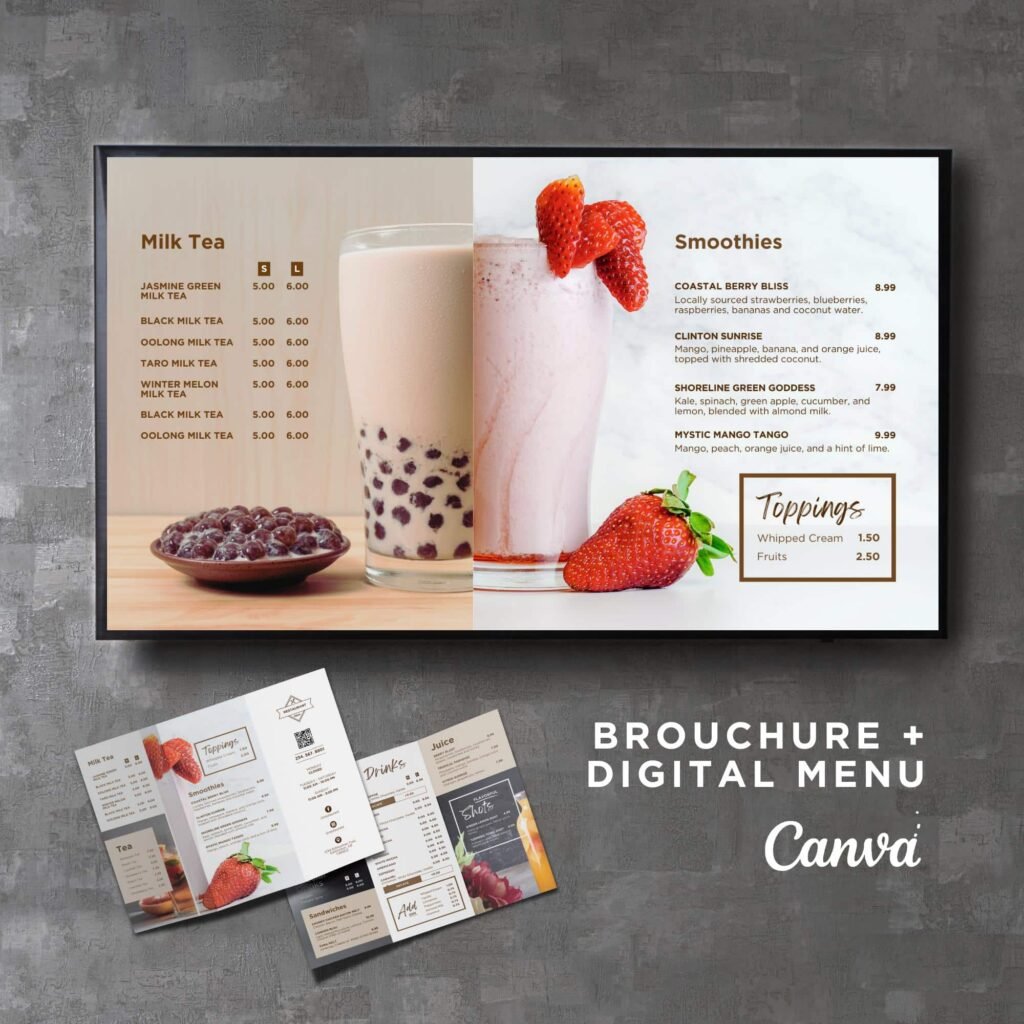 Juice and Smoothie Horizontal Digital Board and Matching Takeout Brochure Canva TV Menu Template Bundle
