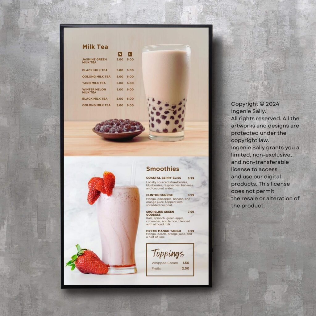 Juice and Smoothie Vertical TV Editable Digital Menu Board and Matching Takeout Menu Canva Template Bundle
