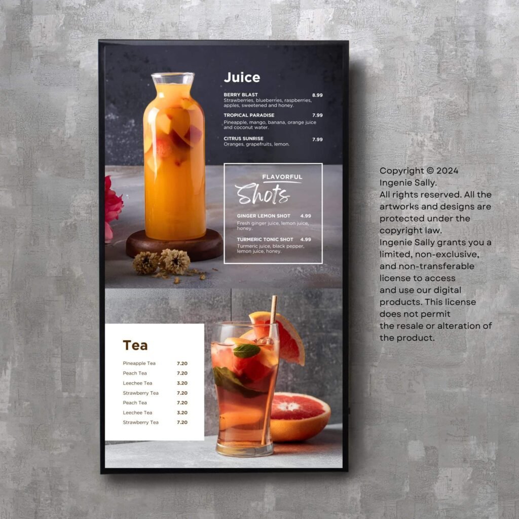 Juice and Smoothie Vertical TV Editable Digital Menu Board and Matching Takeout Menu Canva Template Bundle