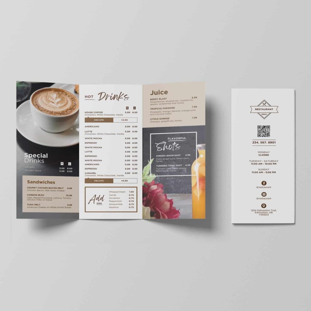 Juice and Smoothie Horizontal Digital Board and Matching Takeout Brochure Canva TV Menu Template Bundle