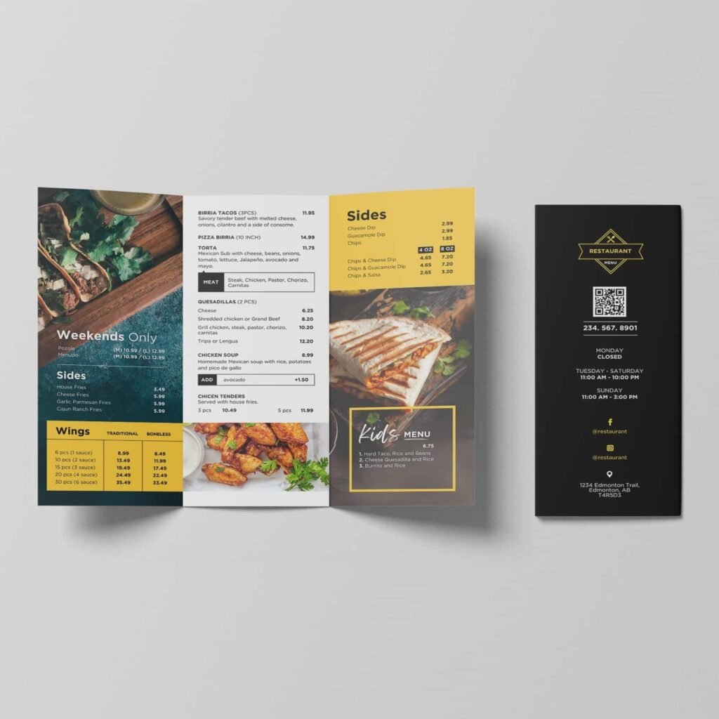 Mexican Horizontal TV Digital Menu Board and Matching Takeout Menu Canva Template Bundle