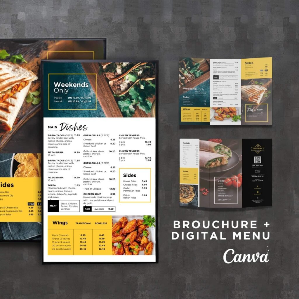Mexican Vertical TV Digital Menu Board and Matching Takeout Menu Canva Template Bundle