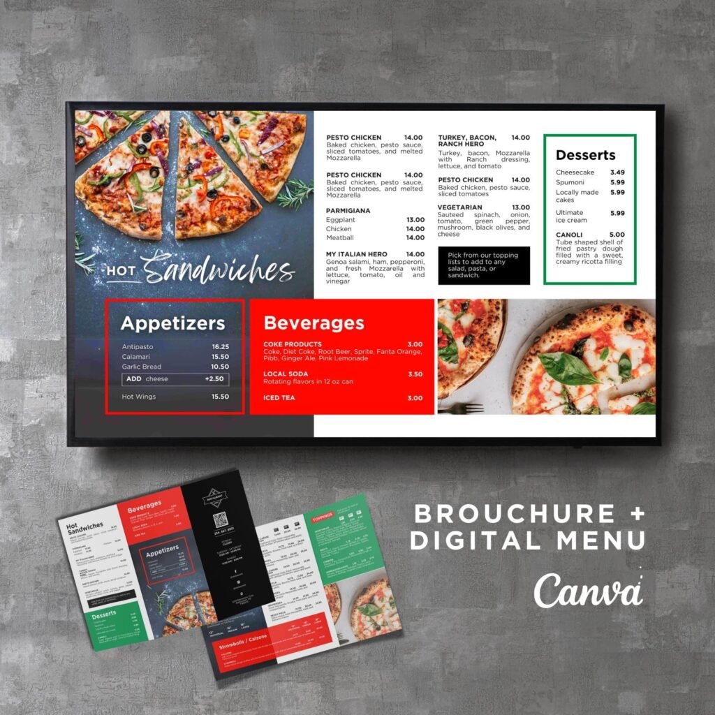 Pizza Horizontal Digital TV Menu Board and Matching Takeout Menu Canva Template Bundle