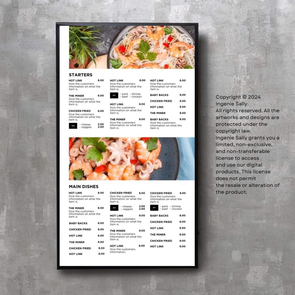 White Vertical TV Digital Menu Board and Matching Takeout Menu Canva Template Bundle