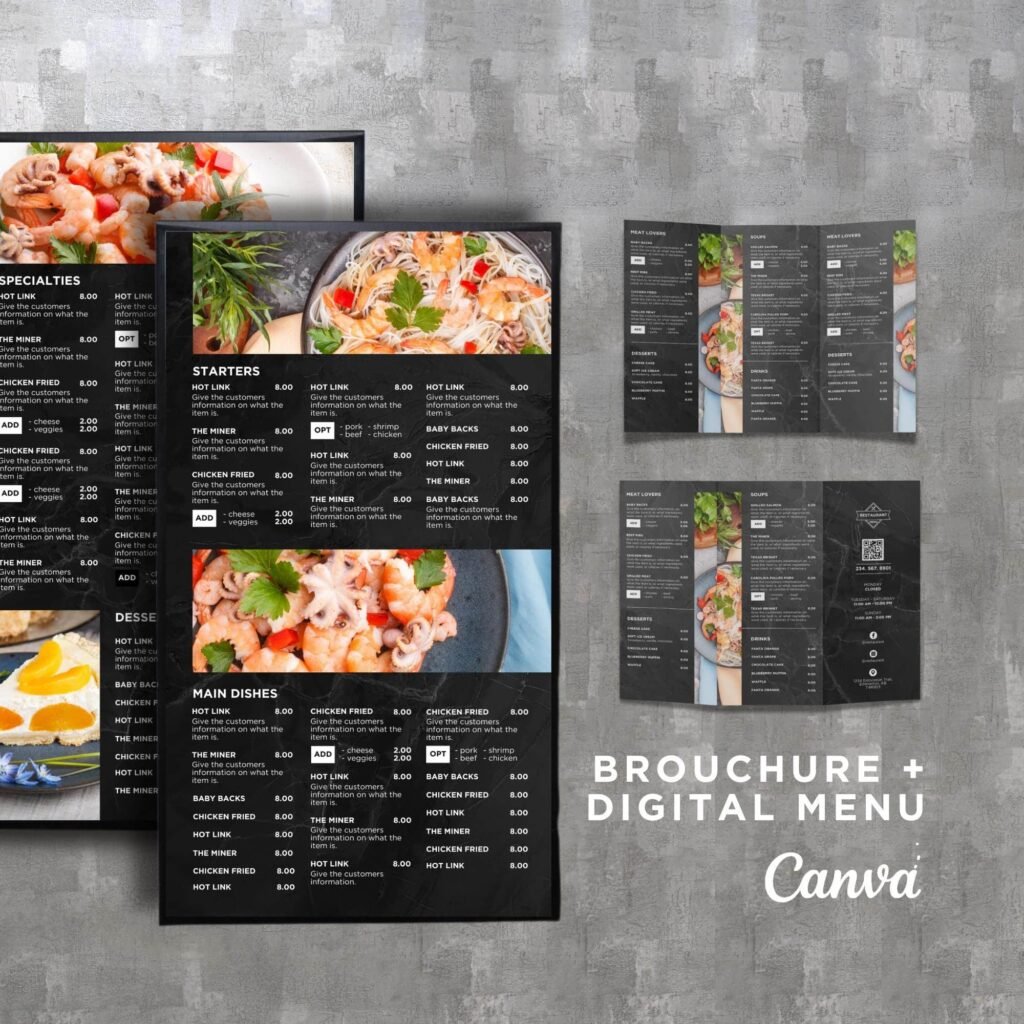 Black Vertical TV Digital Menu Board and Matching Takeout Menu Canva Template Bundle