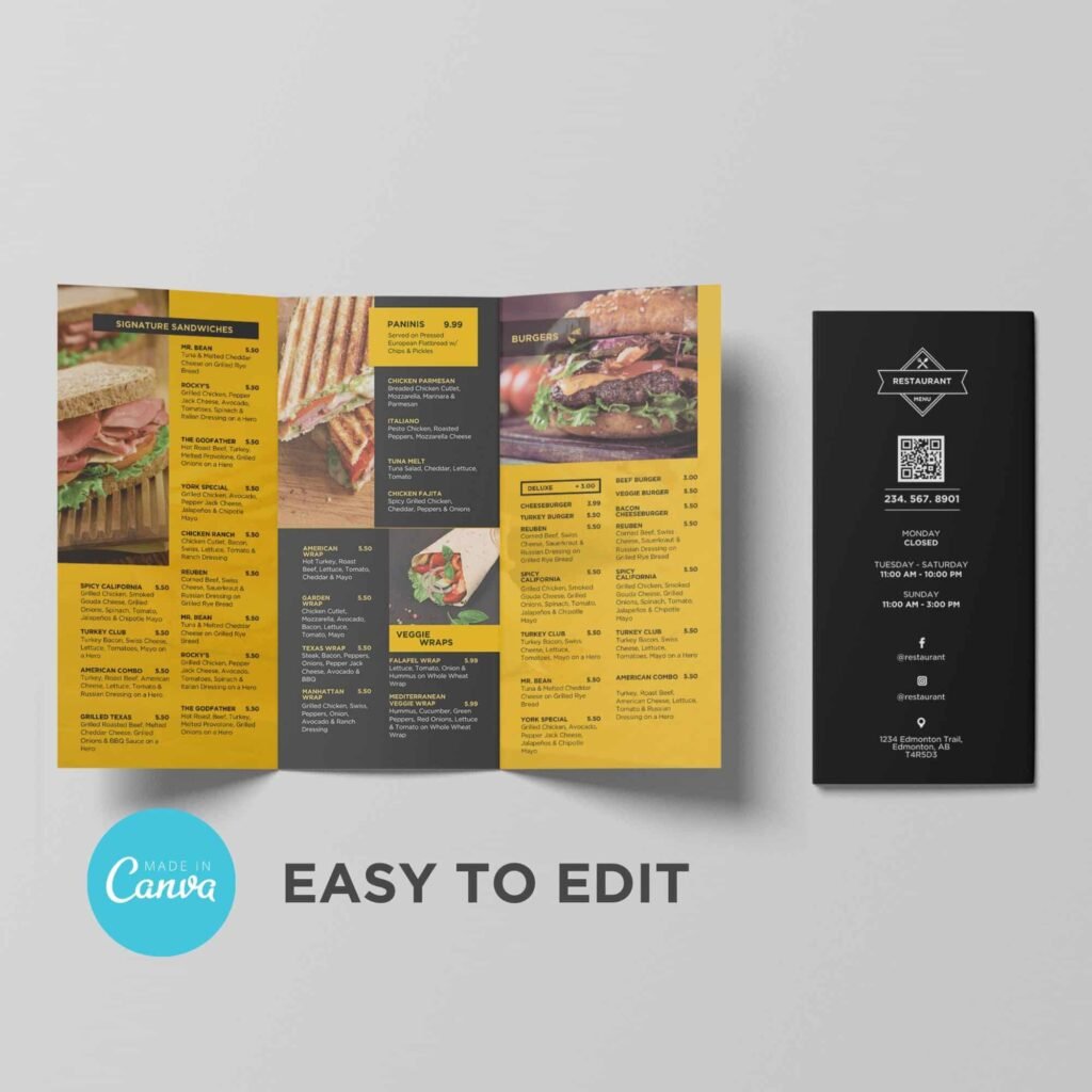 Bright Yellow Style Printable Trifold Restaurant Food Truck Menu Template