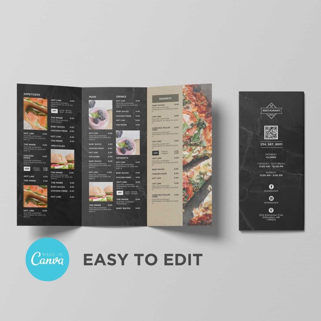 Black Slate Printable Restaurant Takeout Brochure Canva Trifold Menu Template
