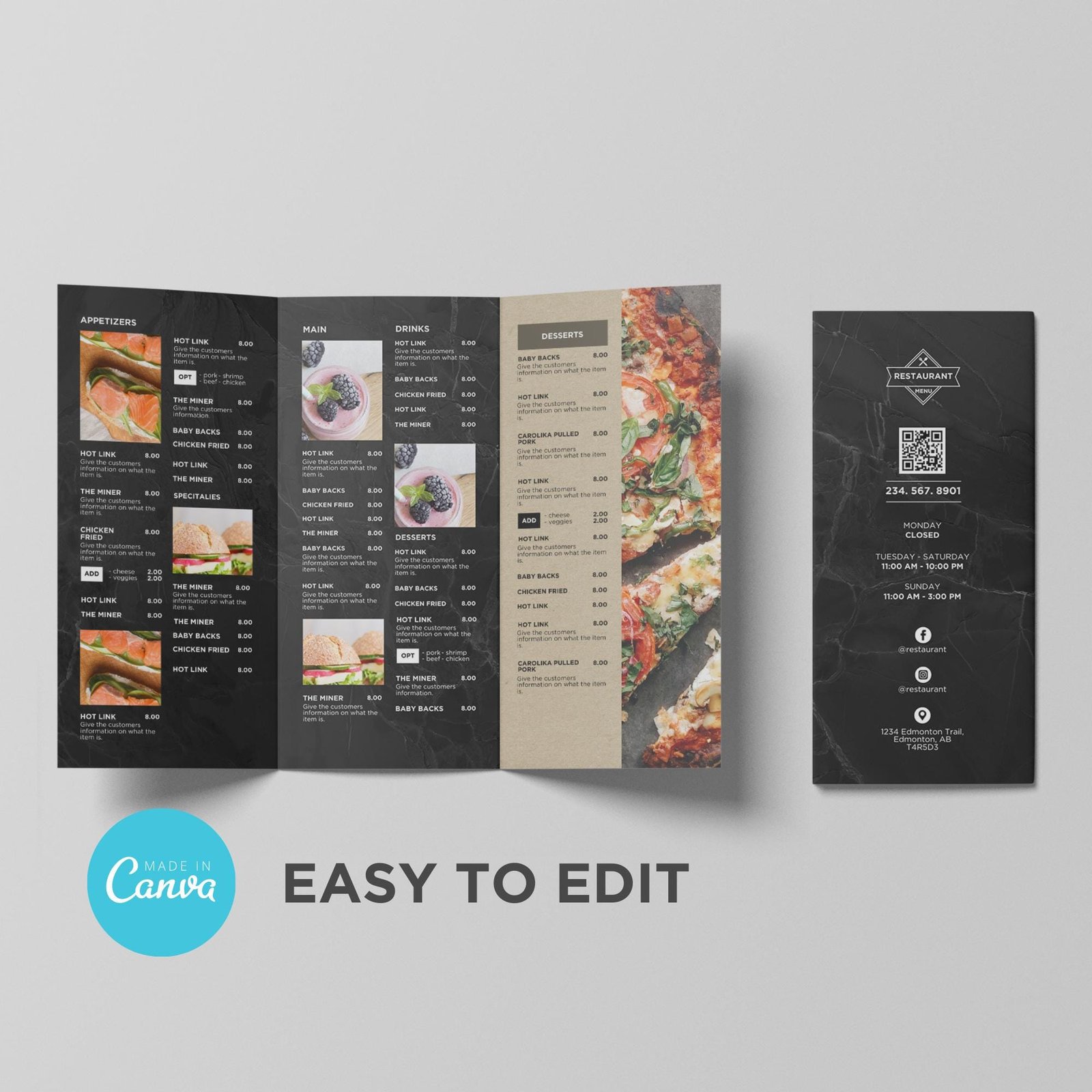 Trifold Takeout To Go Brochure Menu Template for Restaurant Pizza Burger Cafe Breakfast Drive Thru Food Truck Convenience Canva Editable