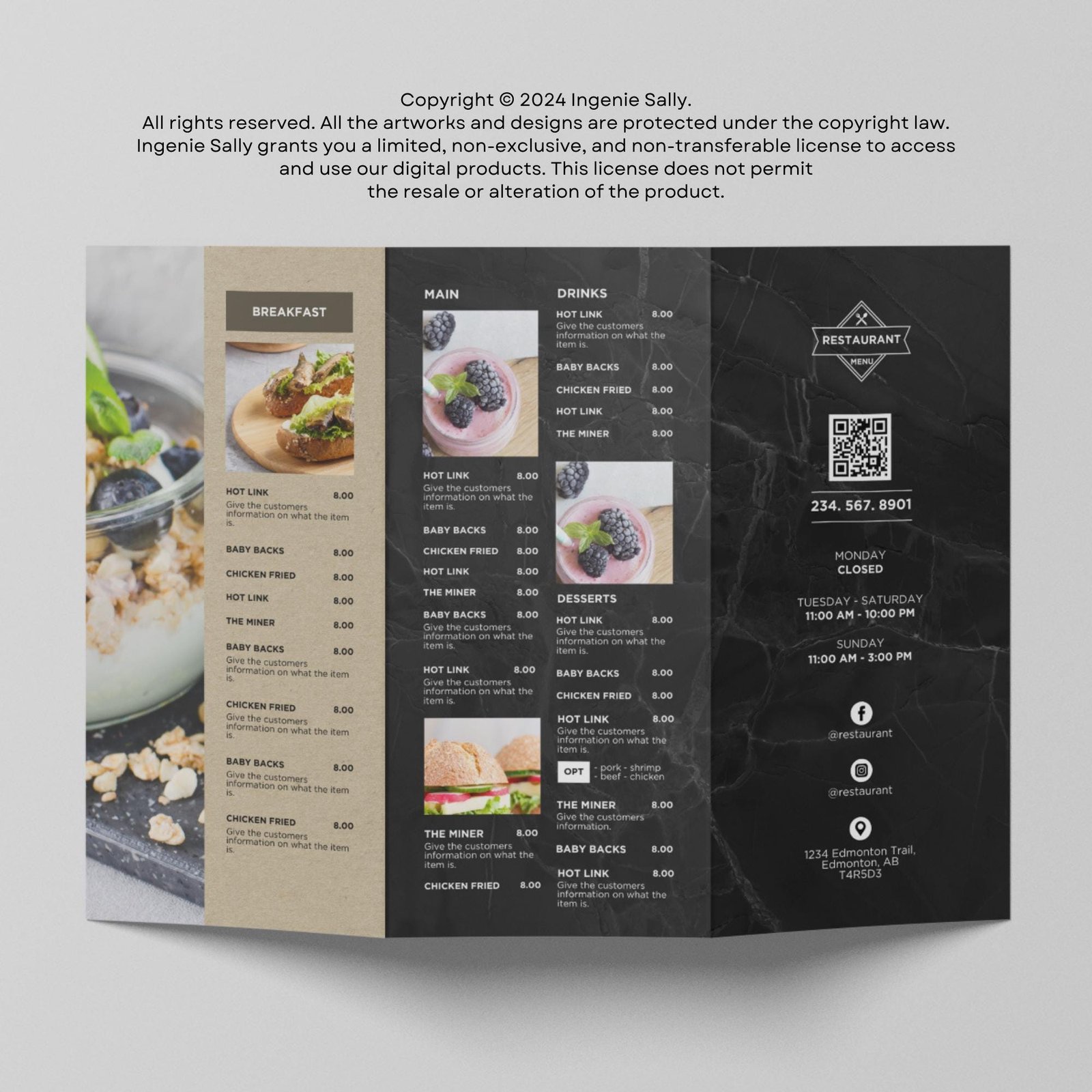 Trifold Takeout To Go Brochure Menu Template for Restaurant Pizza Burger Cafe Breakfast Drive Thru Food Truck Convenience Canva Editable