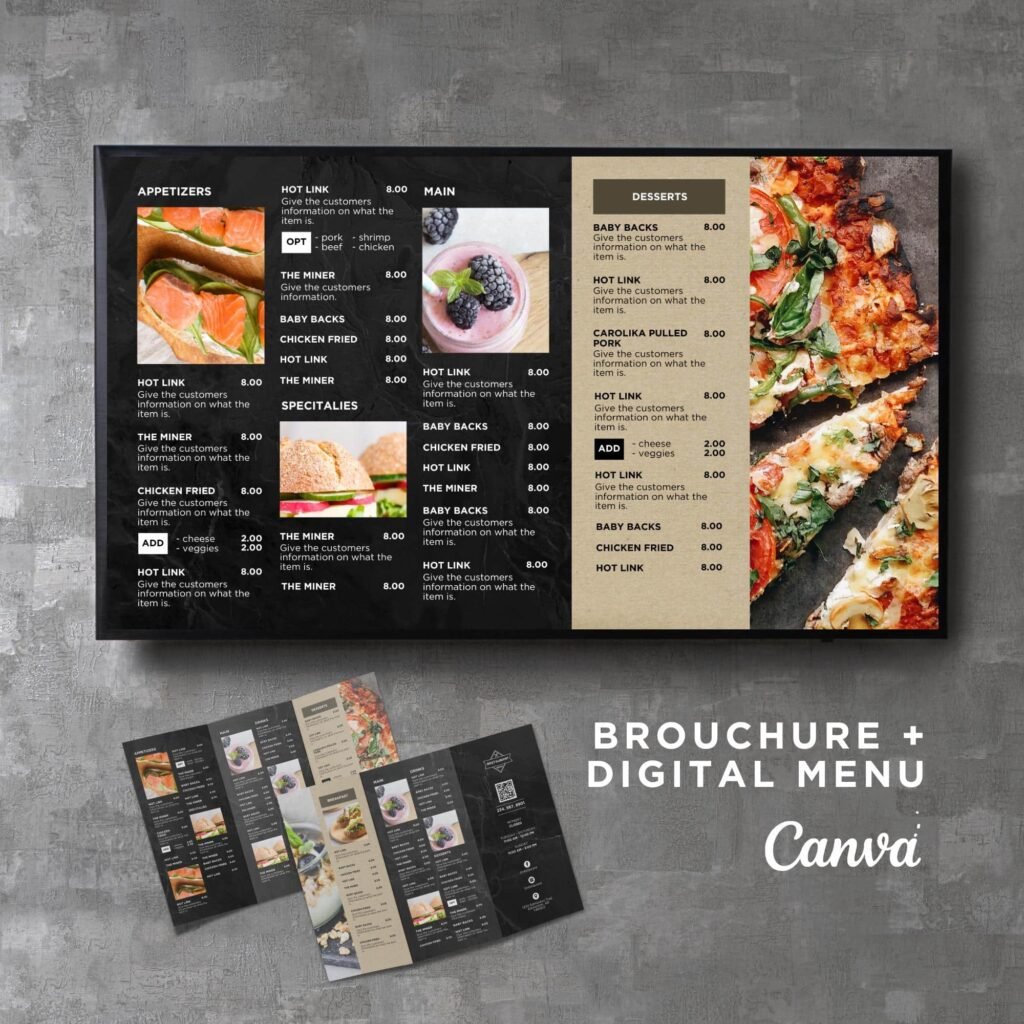 Black Slate Horizontal TV Digital Menu Board and Matching Takeout Menu Canva Template Bundle