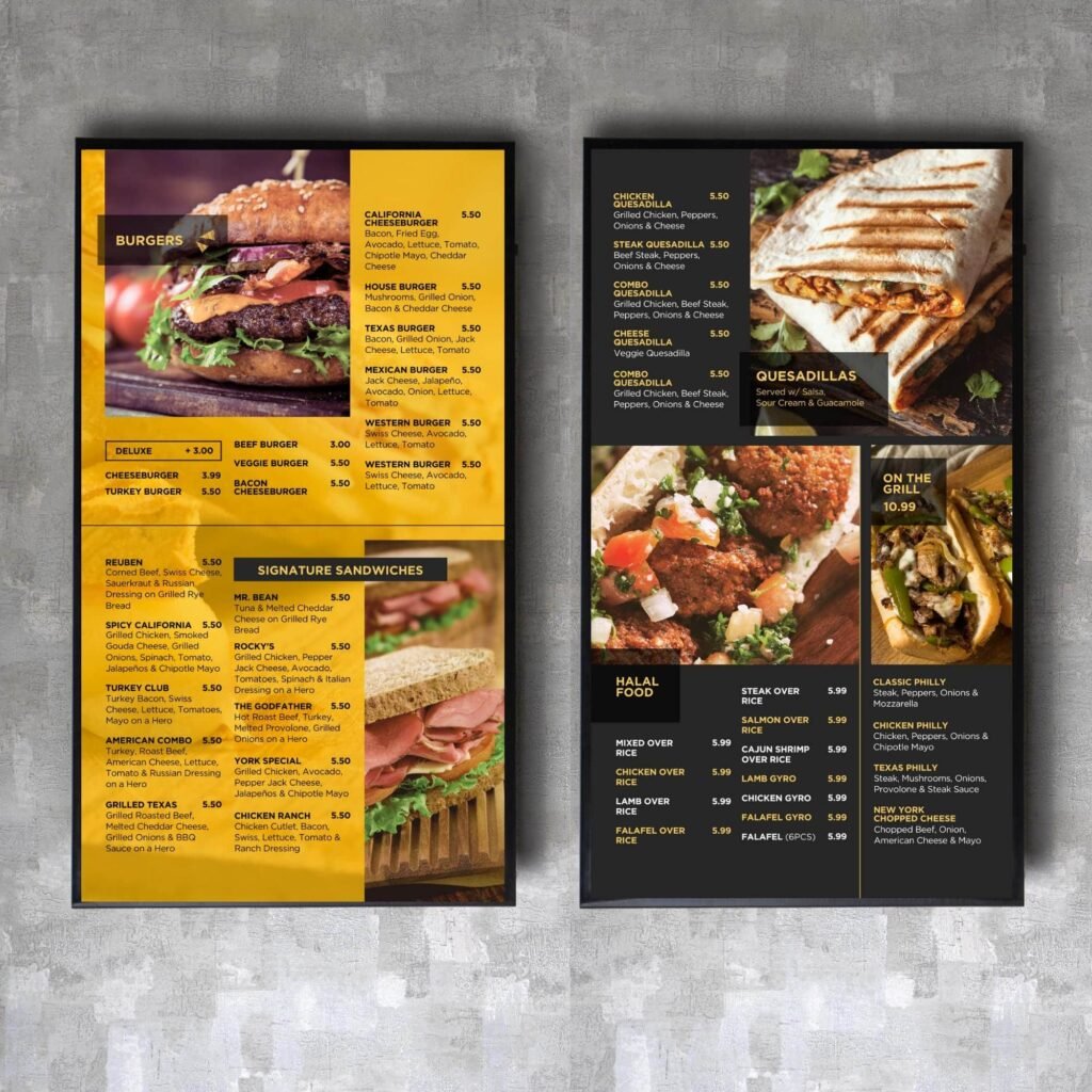 Bright Yellow Style Vertical Digital Board TV Menu Template and Matching Takeout Menu Canva Bundle