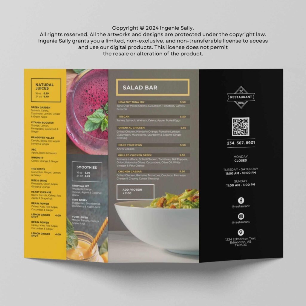 Bright Yellow Style Vertical Digital Board TV Menu Template and Matching Takeout Menu Canva Bundle