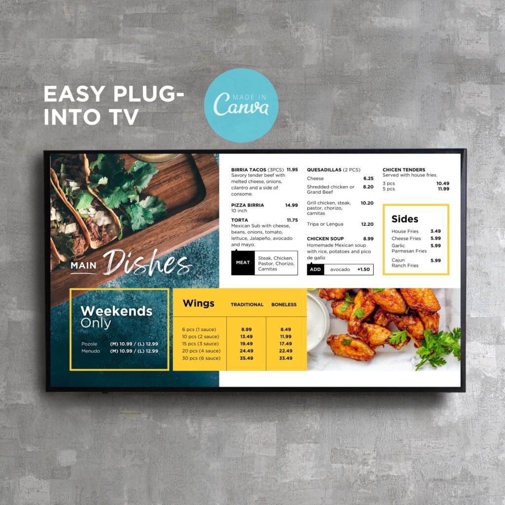 1 Screen Custom Animated TV Digital Menu Board Design Service