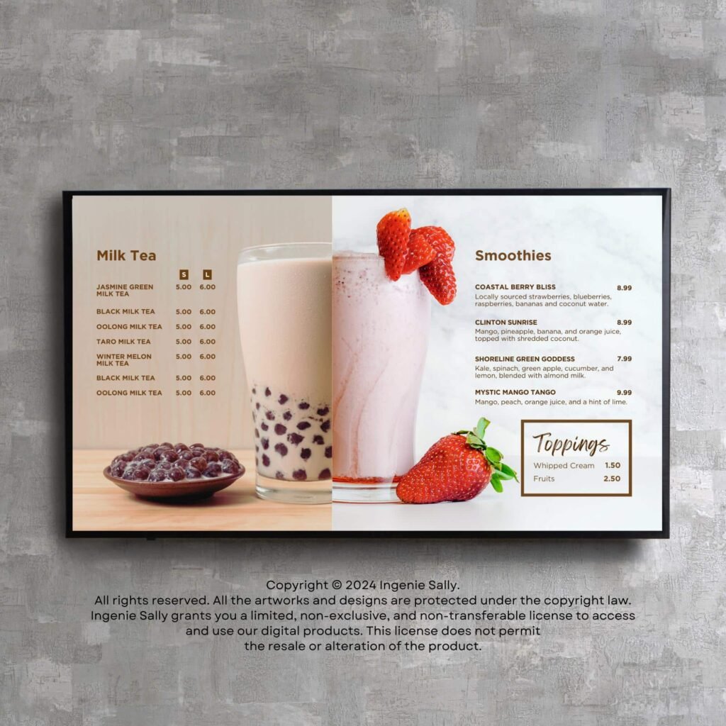 Juice and Smoothie Horizontal Digital Board and Matching Takeout Brochure Canva TV Menu Template Bundle