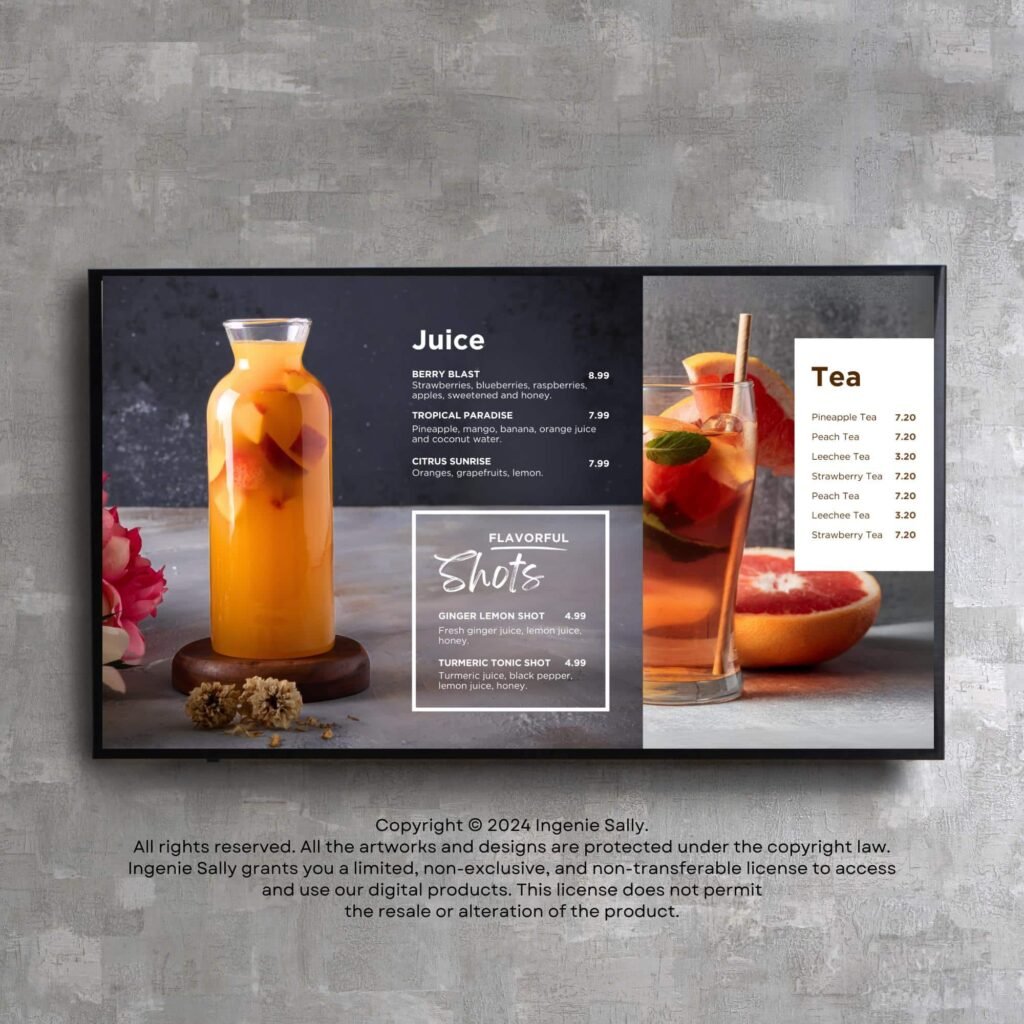 Juice and Smoothie Horizontal Digital Board and Matching Takeout Brochure Canva TV Menu Template Bundle