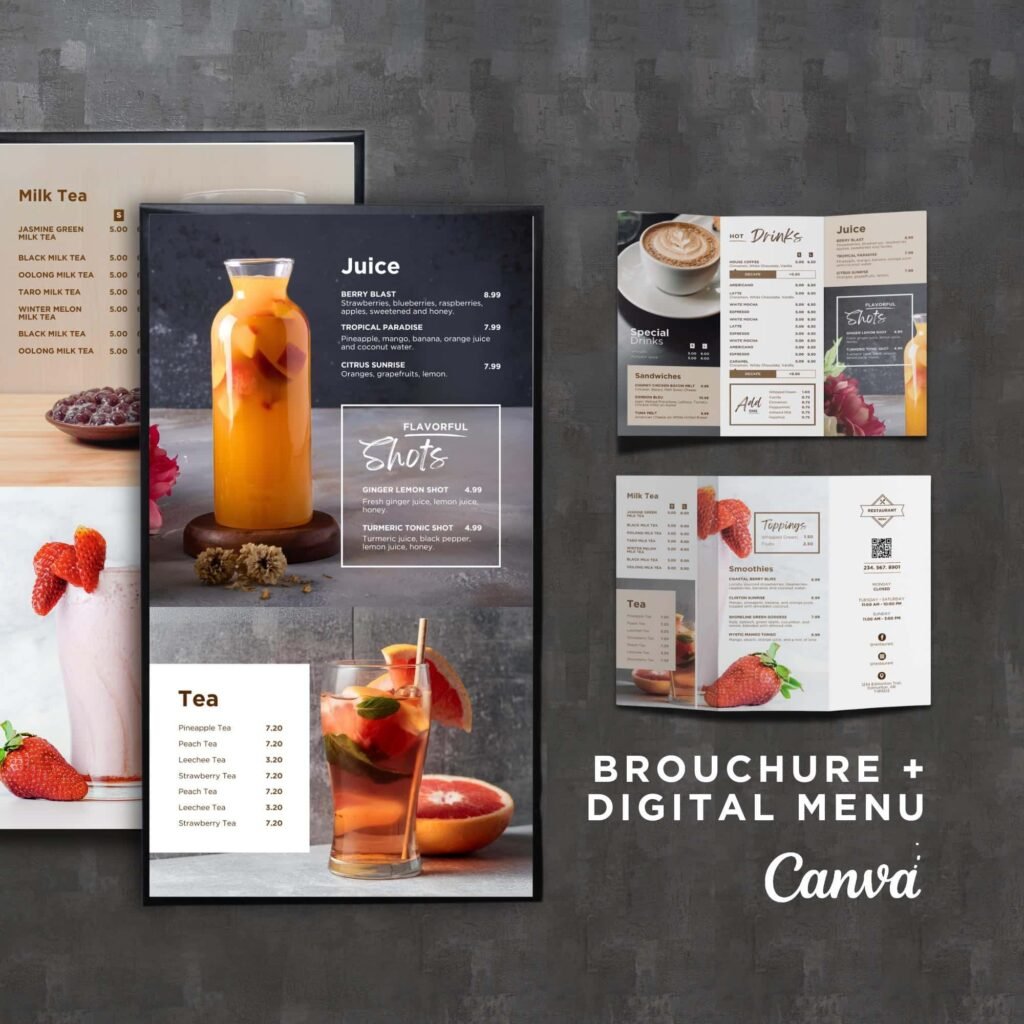 Juice and Smoothie Vertical TV Editable Digital Menu Board and Matching Takeout Menu Canva Template Bundle