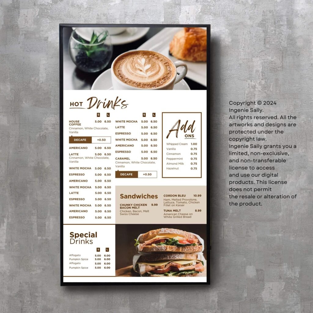 Juice and Smoothie Vertical TV Editable Digital Menu Board and Matching Takeout Menu Canva Template Bundle