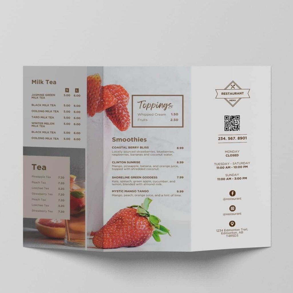 Juice and Smoothie Vertical TV Editable Digital Menu Board and Matching Takeout Menu Canva Template Bundle