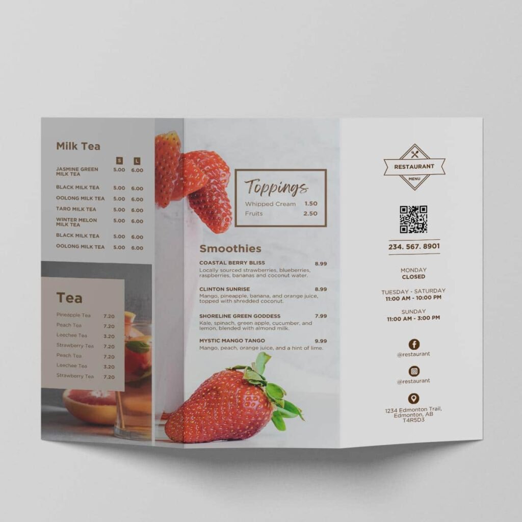 Juice and Smoothie Horizontal Digital Board and Matching Takeout Brochure Canva TV Menu Template Bundle