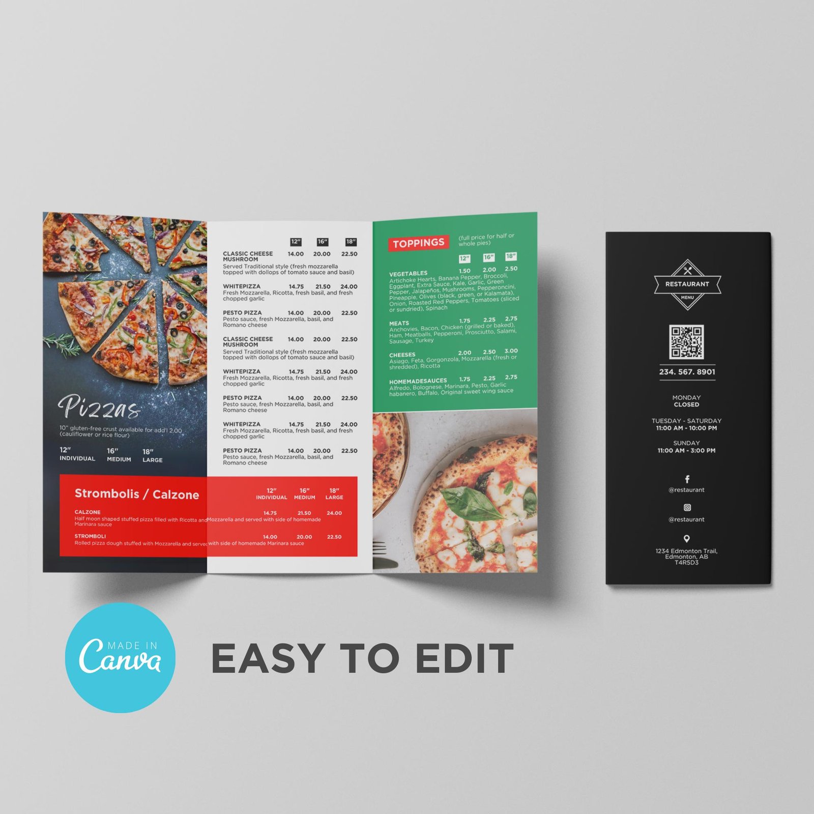 Trifold Takeout To Go Brochure  Menu Template for Restaurant Pizza Burger Cafe Breakfast Drive Thru Food Truck Convenience Canva Editable