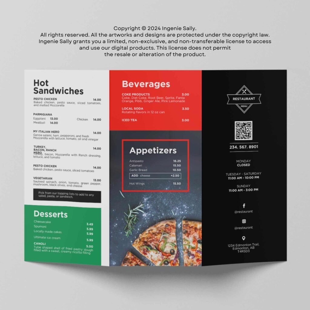 Pizza Vertical TV Digital Menu Board and Matching Takeout Menu Canva Template Bundle