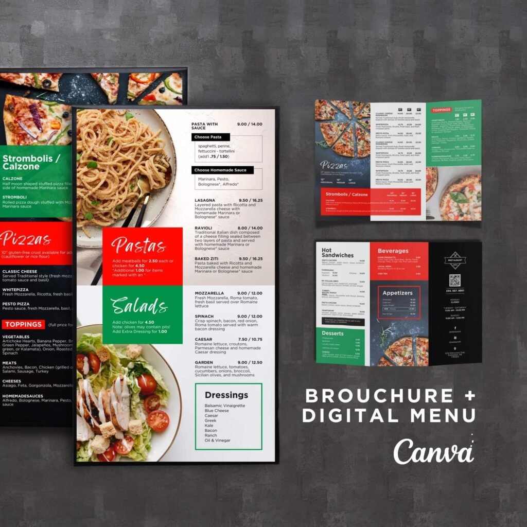 Pizza Vertical TV Digital Menu Board and Matching Takeout Menu Canva Template Bundle