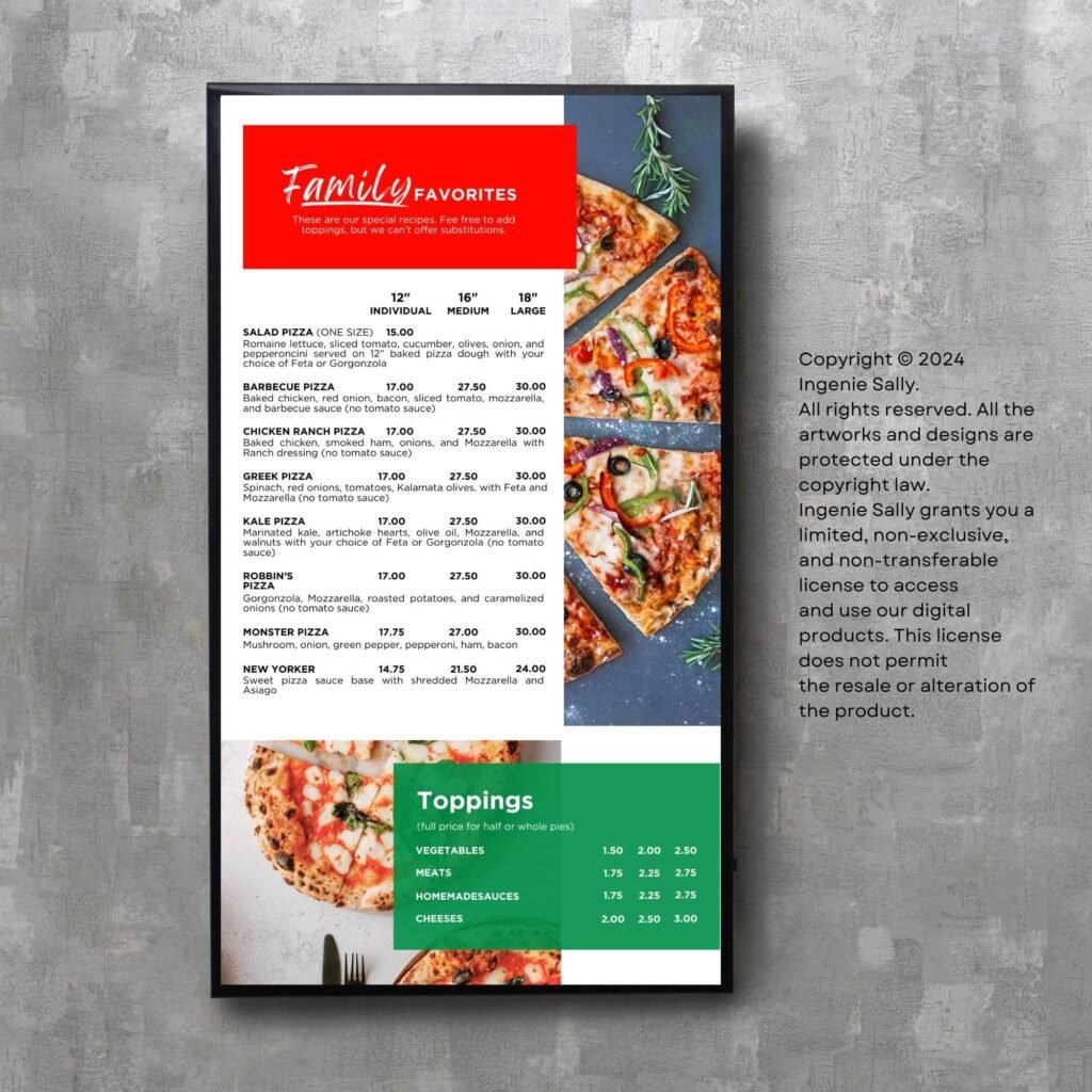 Pizza Vertical TV Digital Menu Board and Matching Takeout Menu Canva Template Bundle