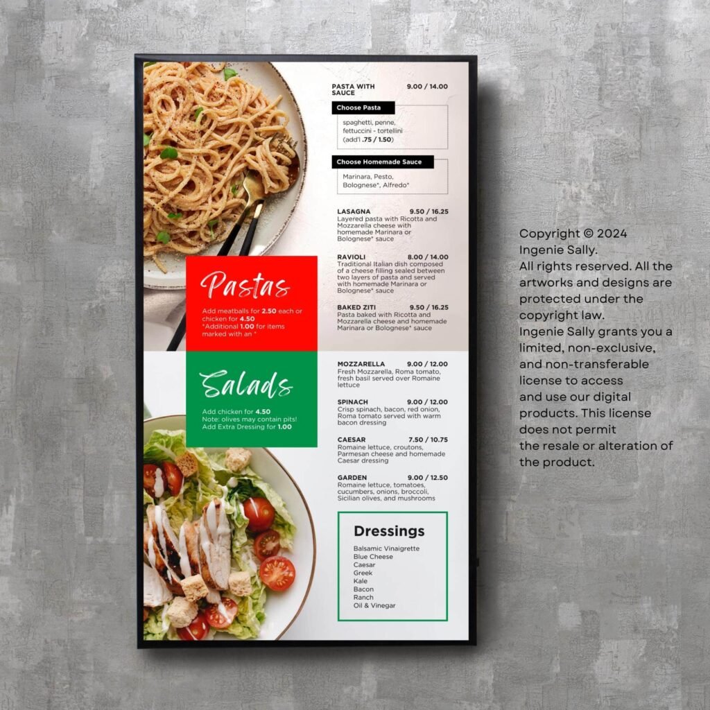 Pizza Vertical TV Digital Menu Board and Matching Takeout Menu Canva Template Bundle