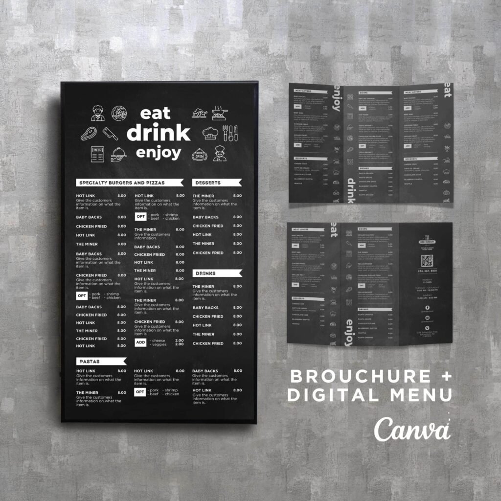 Chalkboard Vertical TV Digital Menu Board and Matching Takeout Menu Canva Template Bundle