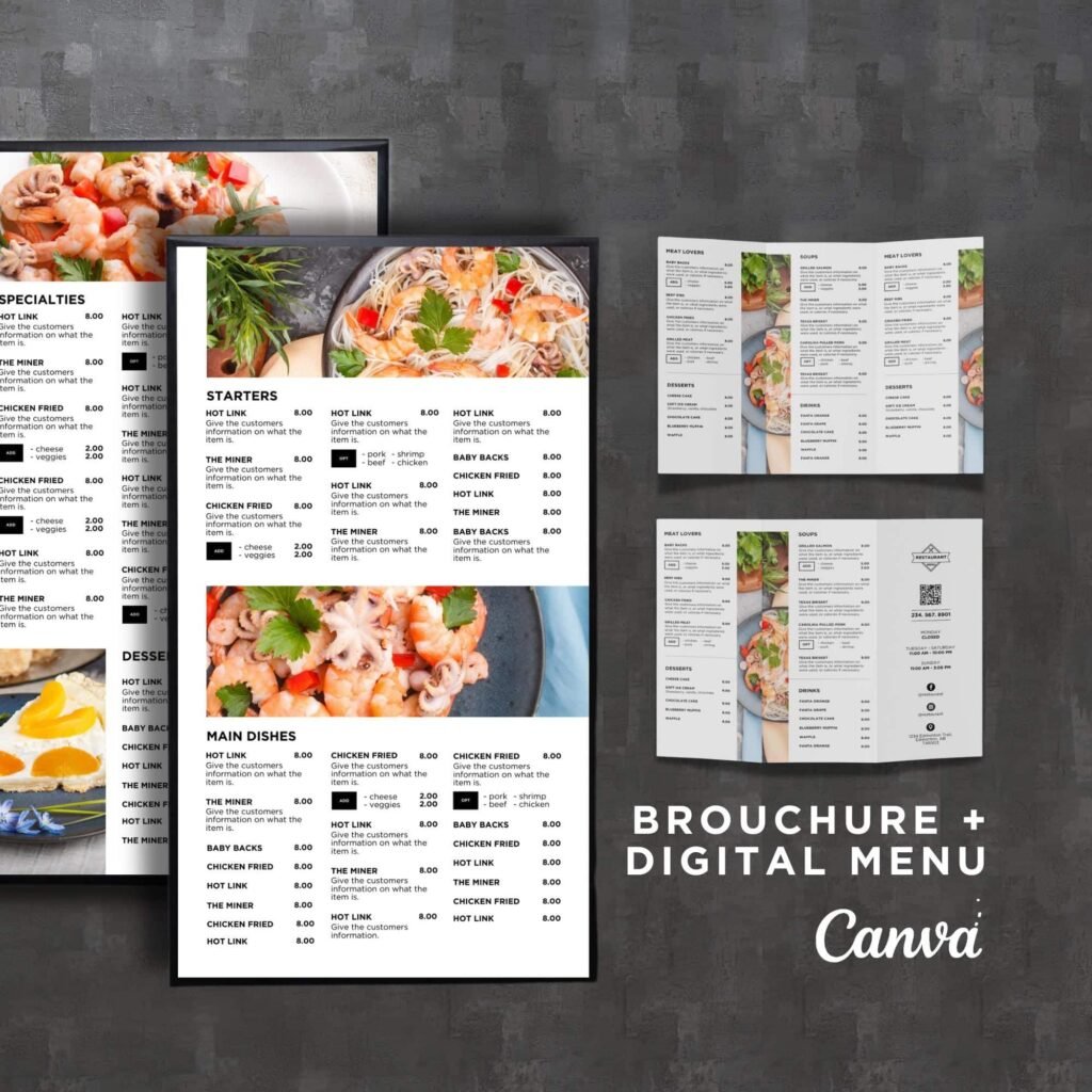 White Vertical TV Digital Menu Board and Matching Takeout Menu Canva Template Bundle