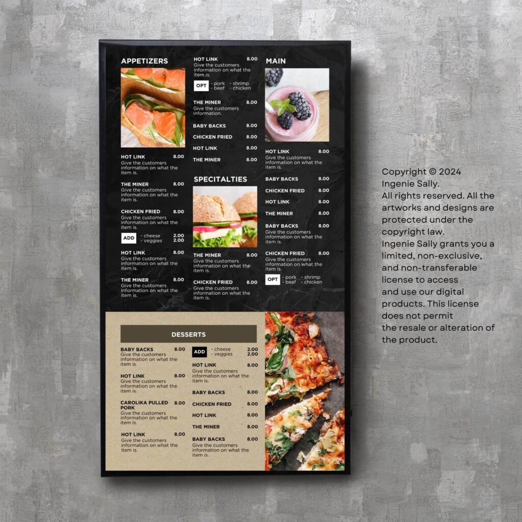 Black Slate Vertical TV Digital Menu Board and Matching Takeout Menu Canva Template Bundle
