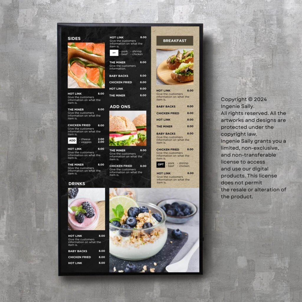 Black Slate Vertical TV Digital Menu Board and Matching Takeout Menu Canva Template Bundle