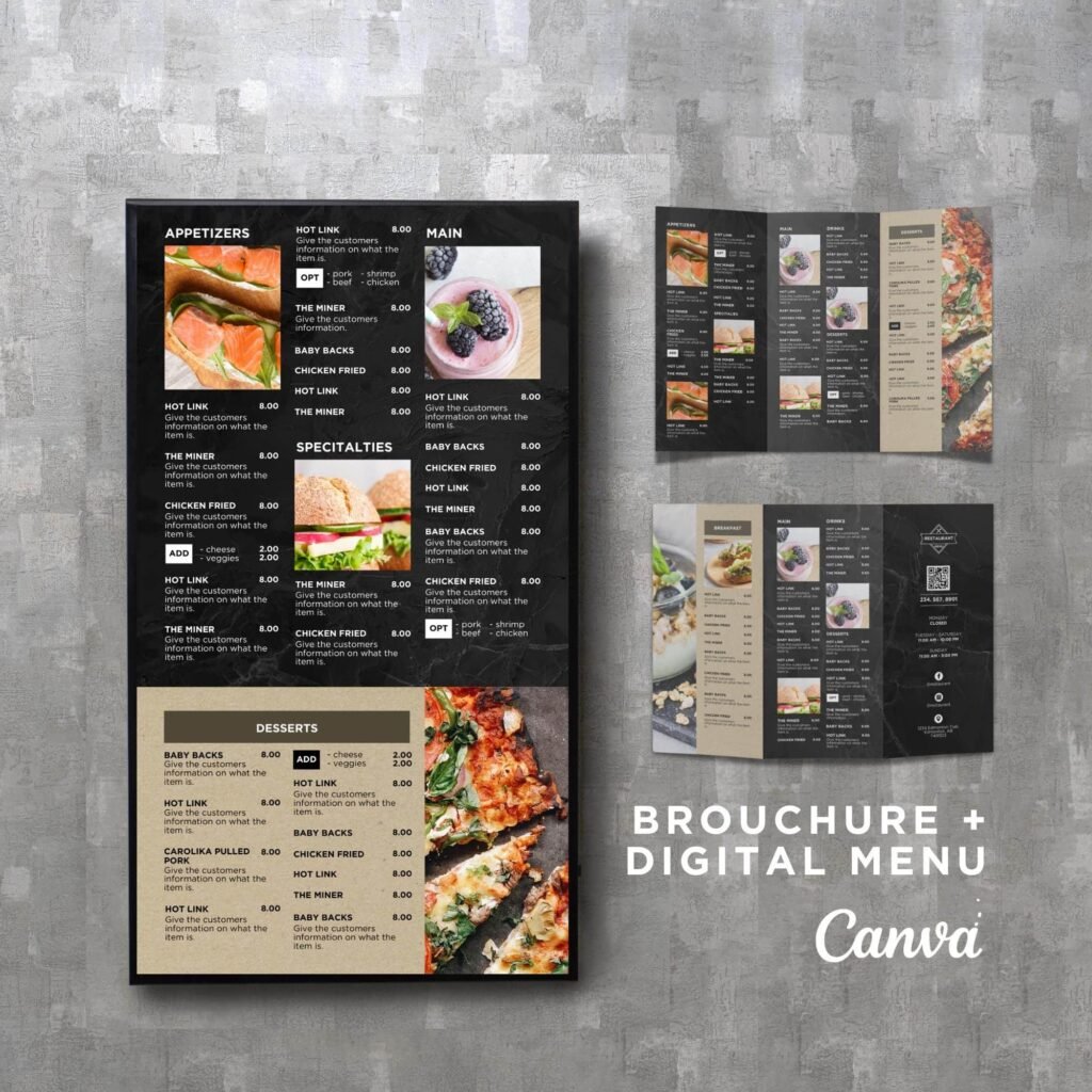 Black Slate Vertical TV Digital Menu Board and Matching Takeout Menu Canva Template Bundle