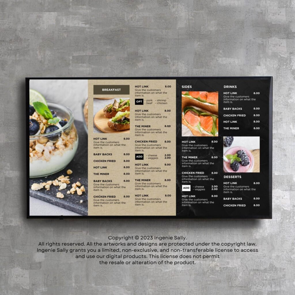 Black Slate Horizontal TV Digital Menu Board and Matching Takeout Menu Canva Template Bundle