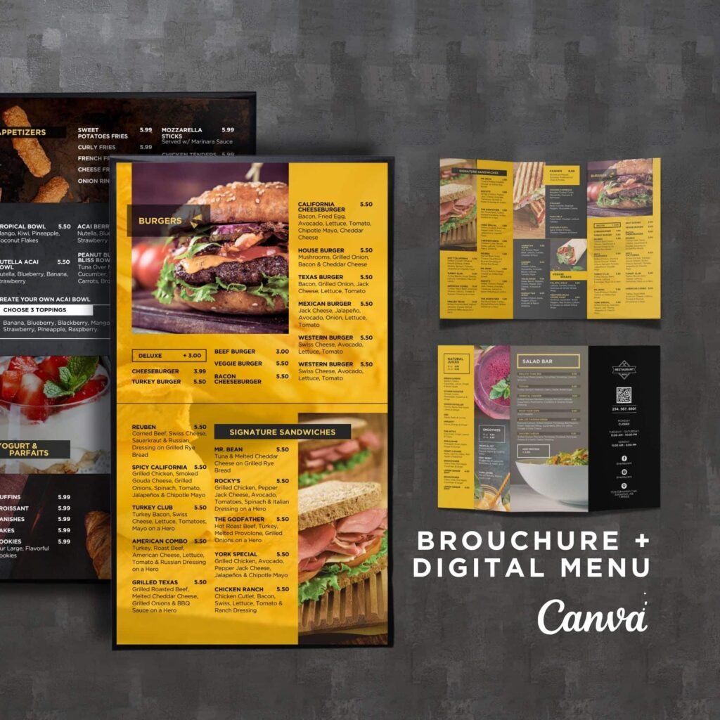 Bright Yellow Style Vertical Digital Board TV Menu Template and Matching Takeout Menu Canva Bundle