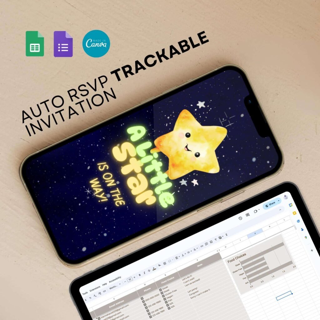 All in One Digital Galaxy Baby Shower Invitation Website Canva Template with Auto RSVP Tracker