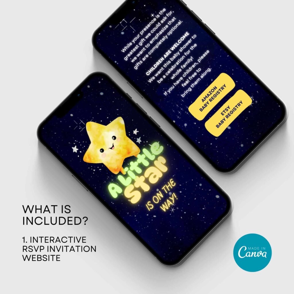All in One Digital Galaxy Baby Shower Invitation Website Canva Template with Auto RSVP Tracker