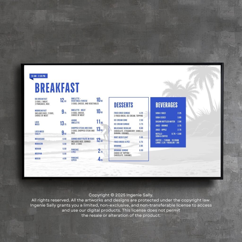 Tropical Blue Restaurant and Burger TV Digital Menu Board Horizontal Canva Template
