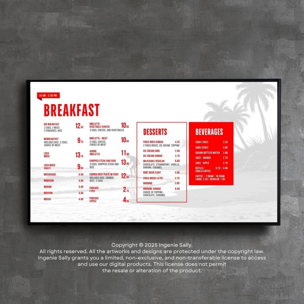 Tropical Red Restaurant and Burger TV Digital Menu Board Horizontal Canva Template