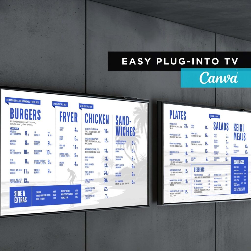 Tropical Blue Restaurant and Burger TV Digital Menu Board Horizontal Canva Template