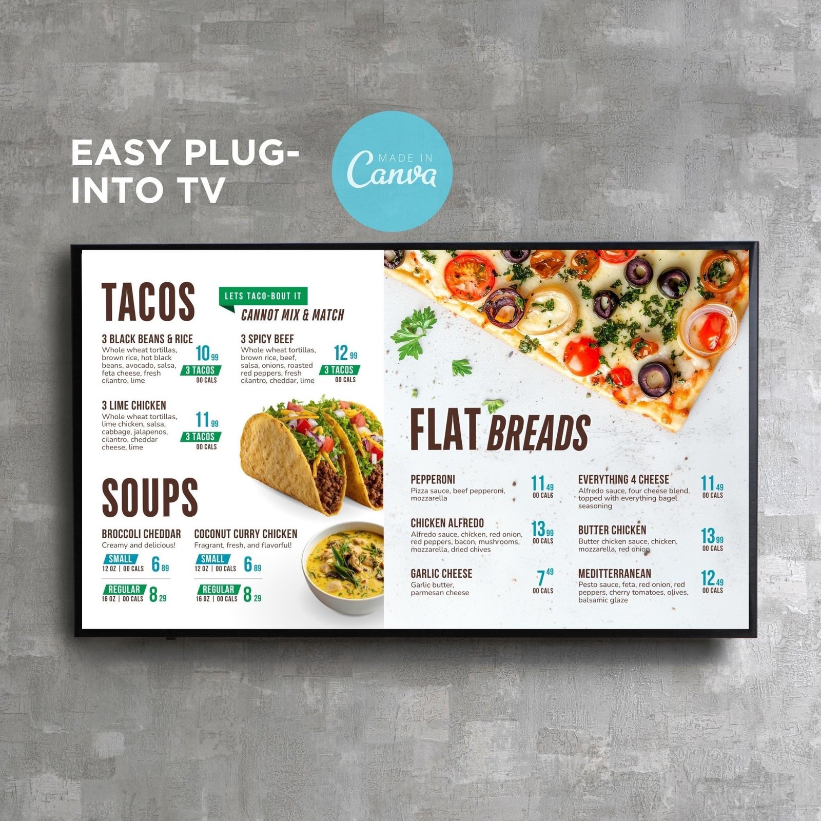 DIY Static TV Editable Digital Menu Board Screen Canva Template for Restaurant Sandwich Cafe Breakfast Drive Thru Food Truck Taco Burrito
