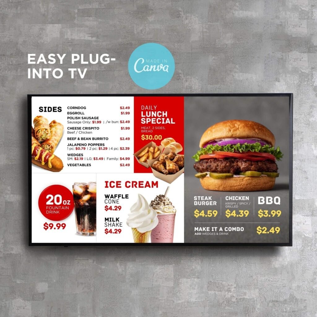 Fast Food Style Restaurant and Cafe TV Digital Menu Board Horizontal Canva Template