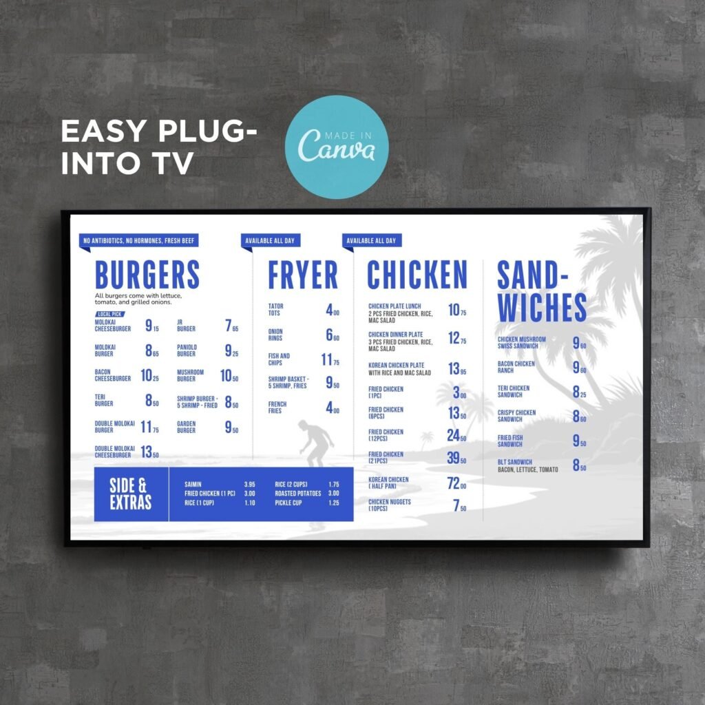 Tropical Blue Restaurant and Burger TV Digital Menu Board Horizontal Canva Template