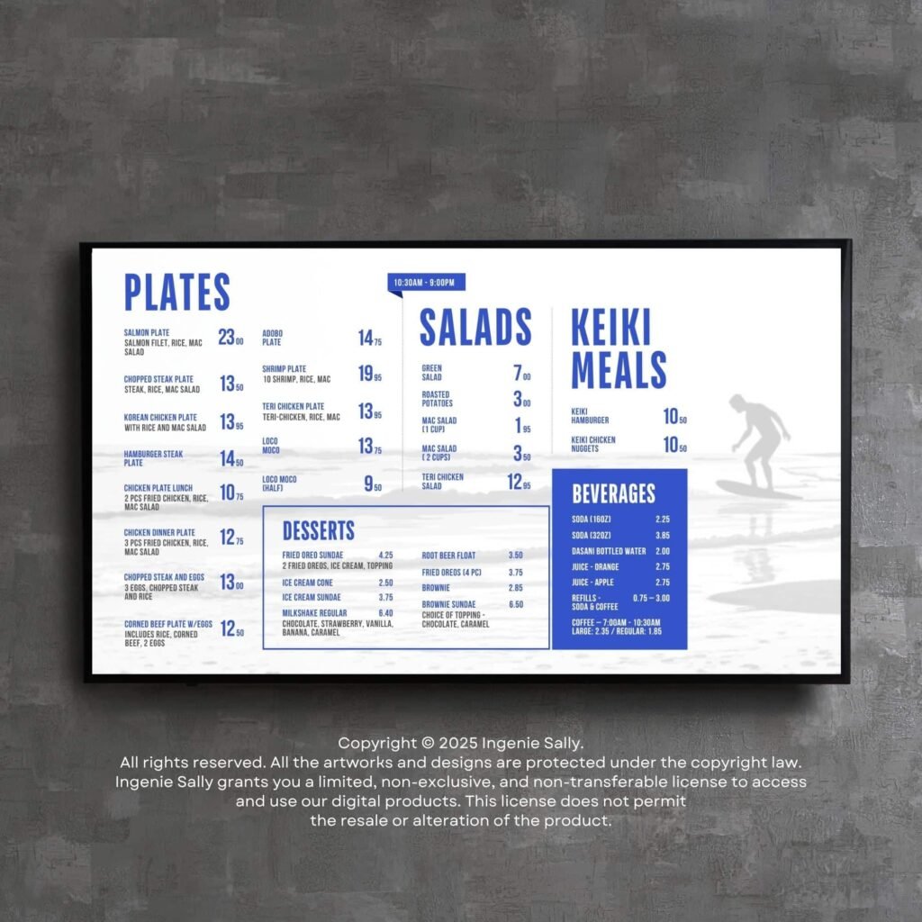 Tropical Blue Restaurant and Burger TV Digital Menu Board Horizontal Canva Template