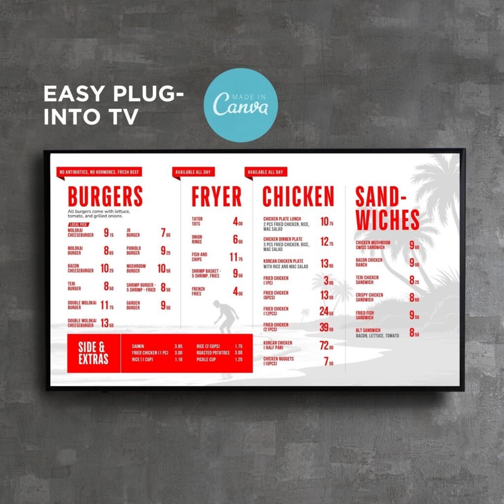 Tropical Red Restaurant and Burger TV Digital Menu Board Horizontal Canva Template