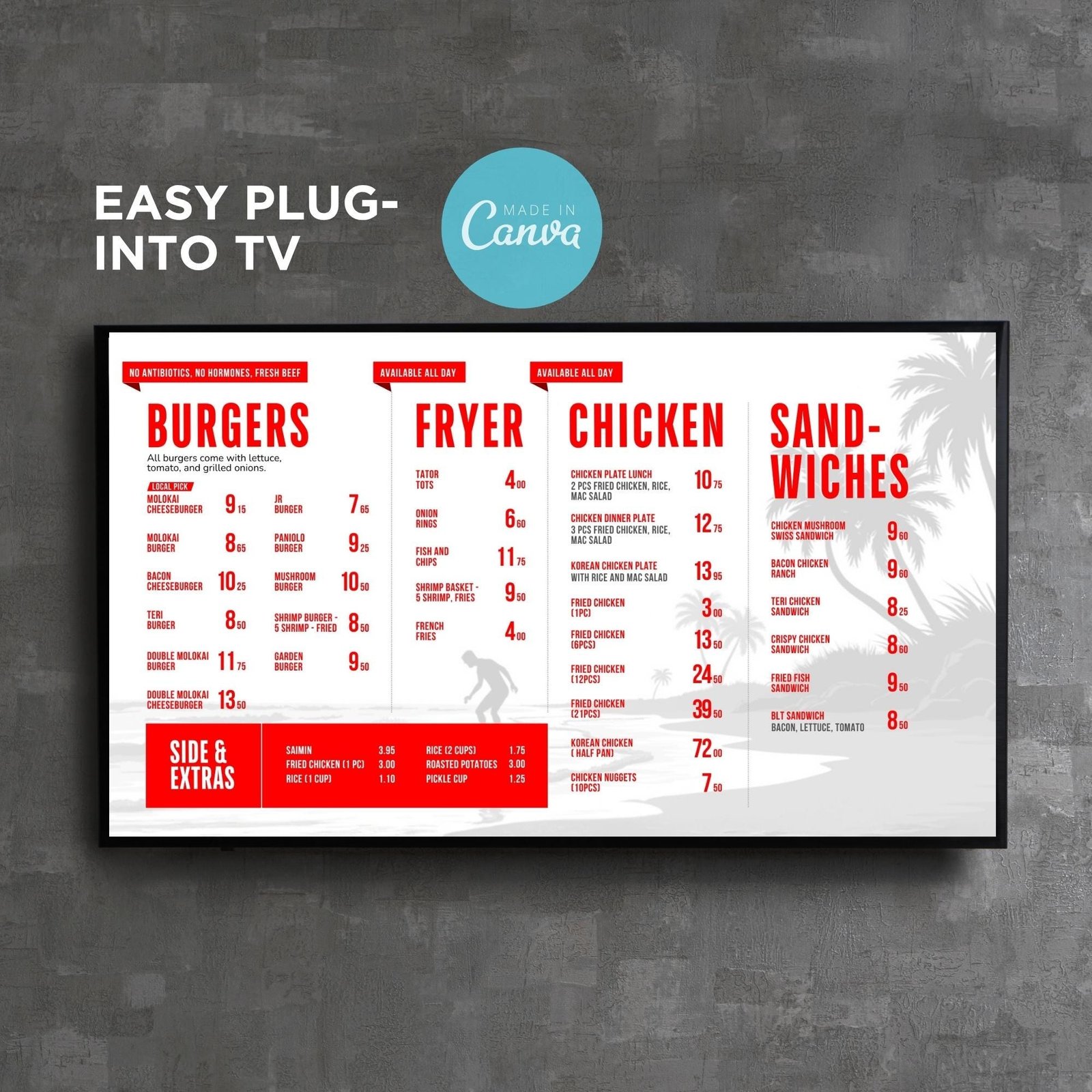 DIY Static TV Editable Digital Menu Board Screen Canva Template for Restaurant Pizza Burger Cafe Breakfast Drive Thru Food Truck Kitchen