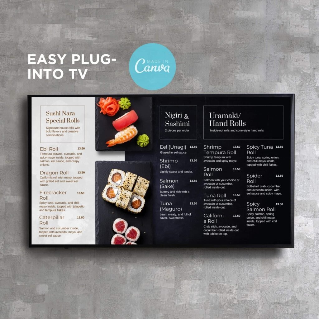Animated Sushi Restaurant and Cafe TV Digital Menu Board Horizontal Canva Template